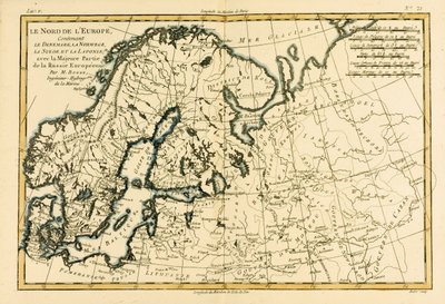 Europa settentrionale, inclusi Danimarca, Norvegia, Svezia e Lapponia, con la maggior parte della Russia occidentale, da Atlas de Toutes les Parties Connues du Globe Terrestre di Guillaume Raynal, pubblicato a Ginevra da Charles Marie Rigobert Bonne