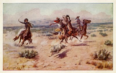 Cowboy che inseguono un lupo di prateria da Charles Marion Russell