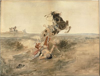 Guerriero indiano caduto, 1886 ca. (acquerello e grafite su carta ondulata color crema) da Charles Marion Russell