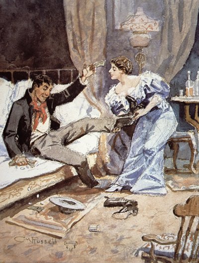 Ragazza del saloon con un cowboy ubriaco, c.1898 da Charles Marion Russell