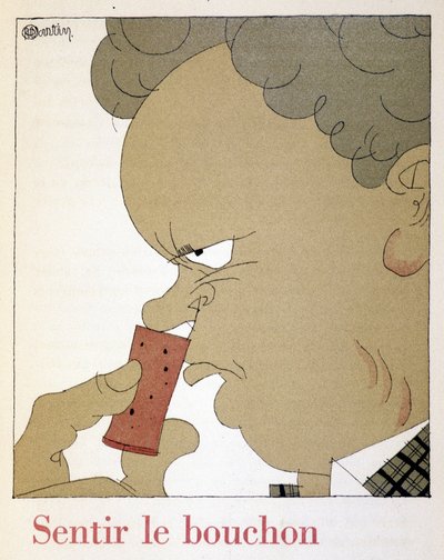 Sentire il tappo - in "Monseigneur le vin", disegno di Charles Martin, fascicolo degli Stabilimenti Nicolas da Charles Martin