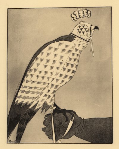 Falco da caccia con cappuccio appollaiato sul guanto di un falconiere da Charles Martin