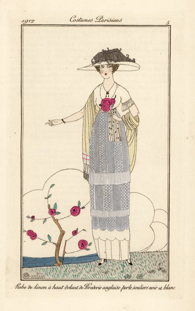 Donna in abito di lino con pizzo inglese perla, pantofole bianche e nere da Charles Martin