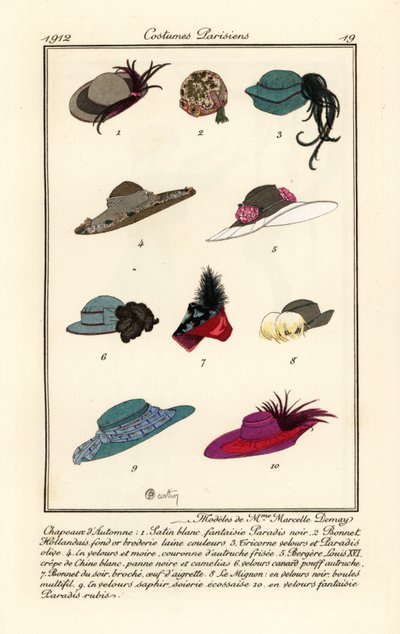 Disegni di cappelli della modista Marcelle Demay da Charles Martin