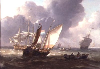 Tre alberi olandesi e piccole imbarcazioni in un mare mosso da Charles Martin Powell