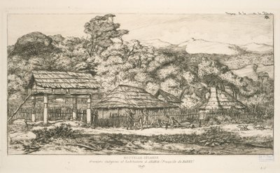 Granai indigeni e abitazioni ad Akaroa, penisola di Banks, illustrazione da 