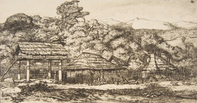 Fienili e capanne native ad Akaroa, Penisola di Banks, 1845, 1860 da Charles Meryon