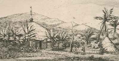 Nuova Caledonia, Nouvelle Calédonie: grande casa indigena sul sentiero di ballata a Poepo, illustrazione da "Incisione del Pacifico...", 1863 da Charles Meryon