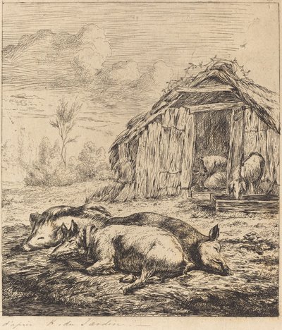 I tre maiali sdraiati davanti alla stalla da Charles Meryon after Karel Dujardin