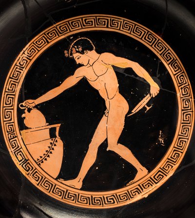 Tazza: ragazzo che si prepara a disegnare il liquido dionisiaco (ceramica a figure rosse, riflessi rosso scuro) da Charles Meynier