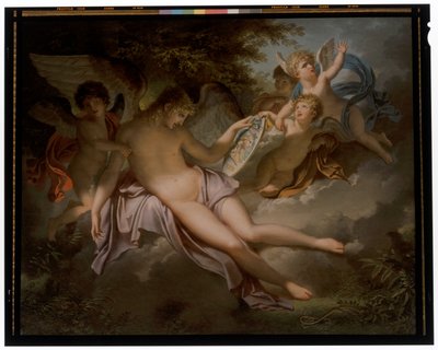 Cupido piange per la perdita di Psiche, il cui ritratto tiene in mano da Charles Meynier