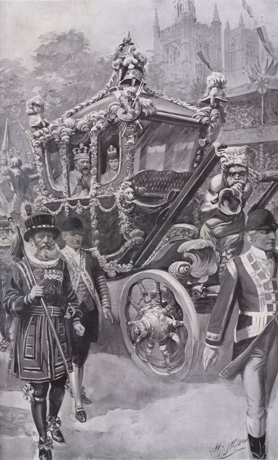 Re Edoardo VII e la regina Alessandra nella carrozza di stato di ritorno dalla loro incoronazione nell