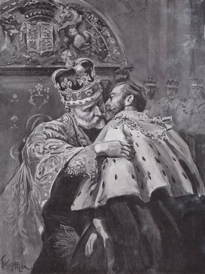 Re Edoardo VII che abbraccia suo figlio, il Principe di Galles, all