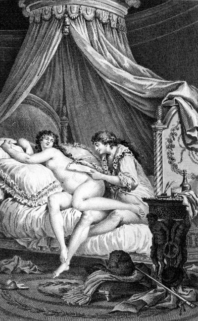Illustrazione per "Le relazioni pericolose" di Choderlos de Laclos. Incisione di Charles Monnet (1732 - 1808): Valmont scrive una lettera sulla schiena di Emilie (una cortigiana). da Charles Monnet