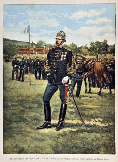 Il Reggimento dei Pompieri ha la rivista Longchamps (Ritratto del Colonnello Couston), illustrazione di Charles Morel (1861-1908). Incisione del 1887 in "Paris-Illustrous journal weekly" da Charles Morel