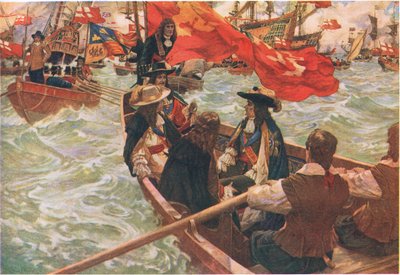 Ritorno a casa di Carlo II, da Cassells History of the British People pubblicato dalla Waverley Book Company Limited, 1940 circa (litografia a colori) da Charles Murray Padday