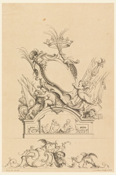 Progetto per cartiglio con corona, due putti che servono Bacco e due leoni da "Cartouches Nouvellement Inventez" da Charles Nicolas Cochin the younger