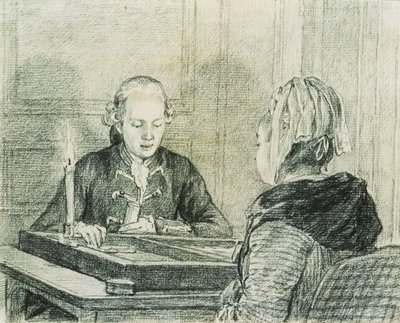 Una coppia seduta, la signora vista da dietro, che gioca a backgammon alla luce delle candele da Charles Nicolas II Cochin