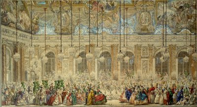 Ballo in maschera o ballo degli Ifs per il matrimonio di Luigi Delfino di Francia (1729-1765) con Maria Teresa di Spagna nella Galleria degli Specchi a Versailles nel febbraio 1745 Disegno a penna e inchiostro di Charles Nicolas Cochin il Giovane da Charles Nicolas II Cochin
