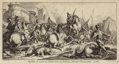 Sconfitta e morte di Didier di Tolosa davanti a Carcassonne, 587 (incisione) da Charles Nicolas II Cochin