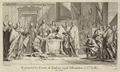 Raimondo VI, conte di Tolosa, si umilia nella chiesa di St Gilles per ottenere la revoca della scomunica da Charles Nicolas II Cochin