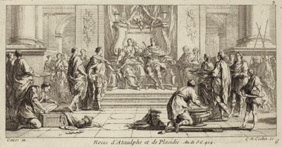 Matrimonio di Galla Placidia e Ataulfo, Re dei Visigoti, Narbona, 414 (incisione) da Charles Nicolas II Cochin