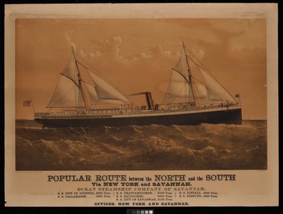 Percorso popolare tra il Nord e il Sud via New York e Savannah, Ocean Steamship Company of Savannah... Città di Augusta... (litografia, colorata) da Charles Parsons