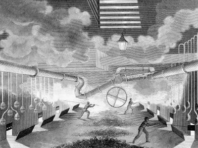 Vista generale di una fabbrica di gas, con retorti in carica da Charles Partington