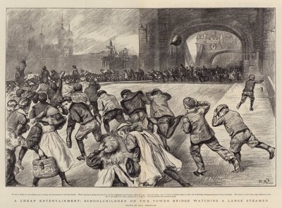 Un intrattenimento economico, scolari sul Tower Bridge che guardano un grande piroscafo da Charles Paul Renouard