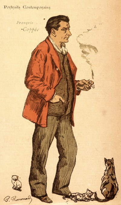 François Coppée che fuma una sigaretta e con gatti da Charles Paul Renouard