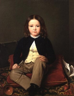 Ritratto di un ragazzo seduto su un cuscino con un corno da Charles Paulin Francois Matet
