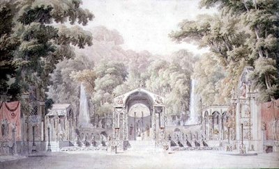 Progetto per un set scenico con un tempio di Venere in un giardino boscoso per 