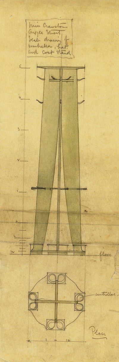 Design per un portaombrelli, cappello e cappotto, mostrato in elevazione e pianta, c.1898-1899 da Charles Rennie Mackintosh
