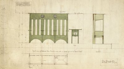 Progetto per panche e un tavolo, mostrato in elevazione e sezione da Charles Rennie Mackintosh