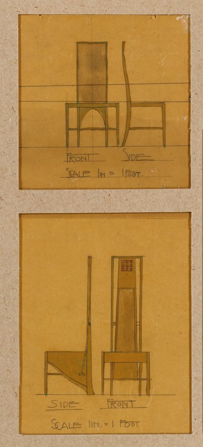 Progetti per sedie mostrati in elevazioni frontali e laterali, per la Room de Luxe, Willow Tea Rooms da Charles Rennie Mackintosh