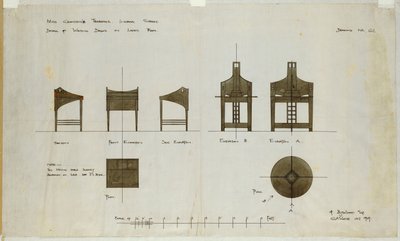 Progetti per scrivanie mostrate in elevazioni frontali e laterali, per le Ingram Street Tea Rooms, 1909 da Charles Rennie Mackintosh