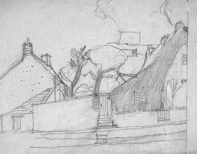 Schizzo di villaggio inglese con tetto di paglia in primo piano, c.1920 da Charles Rennie Mackintosh