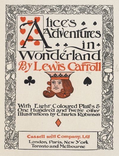 Pagina del titolo per Le avventure di Alice nel Paese delle Meraviglie da Charles Robinson