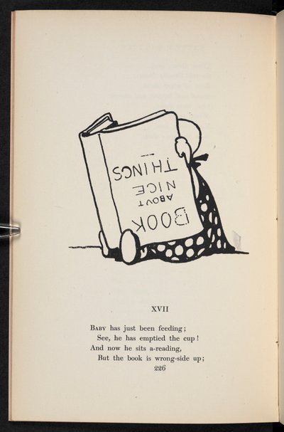 XVII. Una filastrocca. Un bambino che legge un libro al contrario. da Charles Robinson