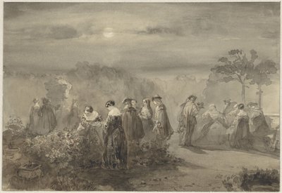Compagnia di dame e signori in un cortile illuminato dalla luna con cespugli di rose da Charles Rochussen