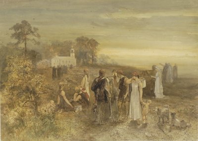 Monaci si dirigono verso una chiesa, osservati da un gruppo di Germani da Charles Rochussen