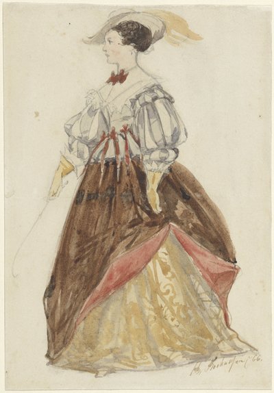 Donna in costume ricco, con cappello e frusta in mano da Charles Rochussen