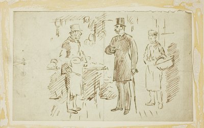 Gentiluomo con cappello alto che si rivolge al macellaio da Charles Samuel Keene