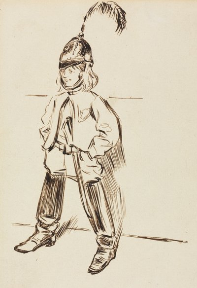Studio di un bambino con elmetto e stivali da Charles Samuel Keene