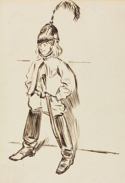 Studio di un bambino con elmo e stivali da Charles Samuel Keene