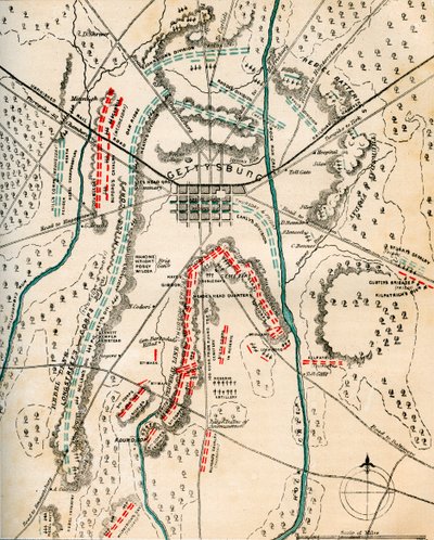 Mappa della battaglia di Gettysburg, Pennsylvania, 1-3 luglio 1863 da Charles Sholl