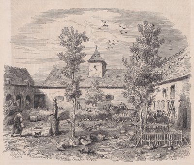 Vista interna di una fattoria, da Le Magasin Pittoresque (ca. 1852) da Charles Tamisier