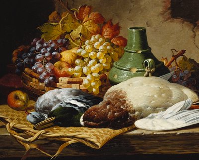 Un germano reale e un piccione con un cesto di mele e uva su una mensola di legno da Charles Thomas Bale
