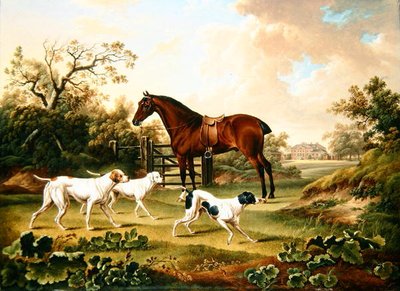 Un cacciatore baio e tre puntatori in un paesaggio con Lyston Hall sullo sfondo da Charles Towne