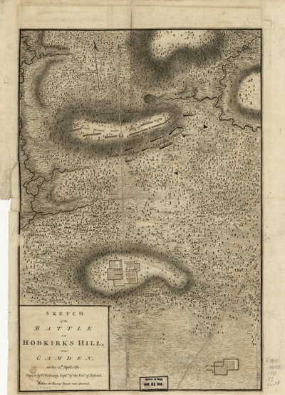 Schizzo della battaglia di Hobkirks Hill, vicino a Camden, il 25 aprile 1781, pubblicato a Londra, 1794 da Charles Vallancey